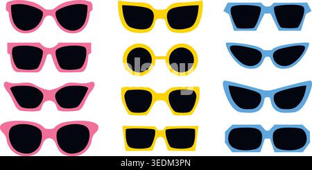 Sunglasses with black lenses and bright frames set Stock Vector