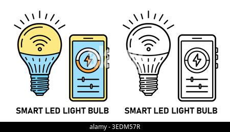 Smart LED light bulb lamp smartphone Wi-Fi remote lighting control icon. Glowing glass electric lightbulb online connection mobile phone device vector Stock Vector