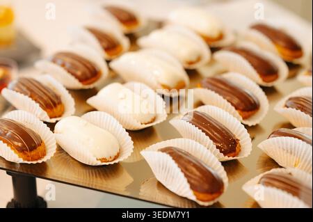 Elegant Chocolate Shells. Luxurious Pastry Display Featuring Glossy Chocolate Seashells In Cups Stock Photo