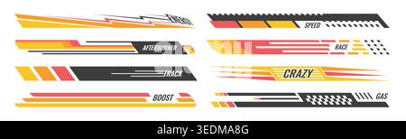 Automotive racing decals. Checkered flag patterns green speed stripes car decoration. Vector graphic set drift arrows, vinyl wrap templates, motion marks motorcycle racing, boat design, sport branding Stock Vector