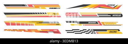 Turbo energy stripe art. Dynamic wave line decals blue speed stripes car tuning motorcycle art. Vector racing design set energy patterns, finish line patches, fast motion decorations vehicle wraps Stock Vector