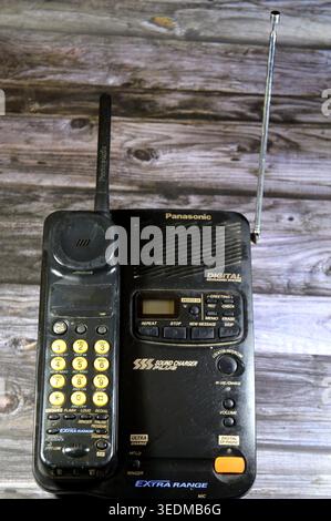 Cairo, Egypt, April 4 2026: vintage Panasonic cordless phone and digital answering system, a digital recording system for messages and a phone handset Stock Photo