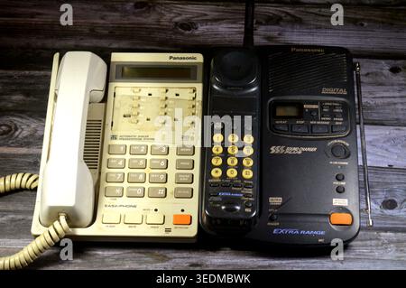 Cairo, Egypt, April 4 2026: a collection of vintage Panasonic corded and cordless landline telephones, old vintage retro old telephones Stock Photo