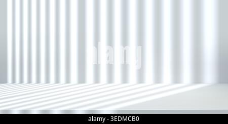 White product background, studio with gradient gray platform. Empty sunlit backdrop, abstract blinds shadow on wall, gray color scheme. Photo mockup Stock Vector