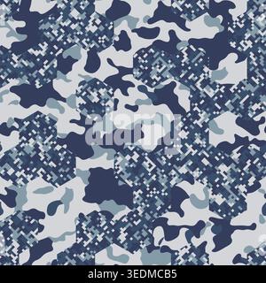 Seamless navy camouflage pattern with Pixel and Spots mixed Hex effect Stock Vector