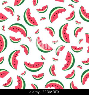 Watermelon background. Vector seamless pattern of ripe fruit pieces, halved and sliced. Fresh green organic fruit illustration Stock Vector
