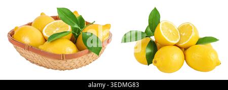 Ripe lemons in wicker basket isolated on white background Stock Photo