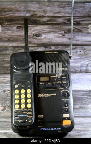 Cairo, Egypt, April 4 2026: vintage Panasonic cordless phone and digital answering system, a digital recording system for messages and a phone handset Stock Photo