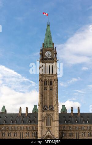 The Canadian flag on the Peace Tower on Parliament Hill is seen past ...