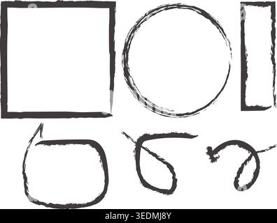 Collection of brush stroke shapes and circular scribbles on dark gray checkered background. Stock Vector