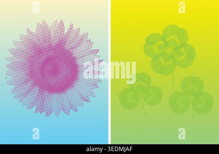 Sunflowers and clover leaves halftone illustrations on split pastel blue and green colors. Stock Vector