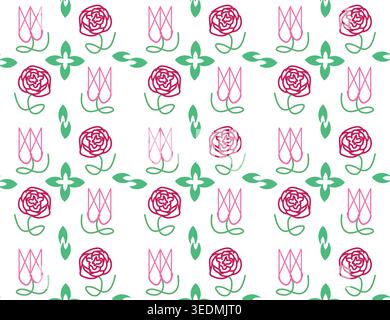 Abstract floral seamless background with pink roses and green leaves on white canvas base. Stock Vector