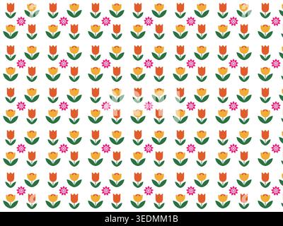 Spring floral pattern with colorful tulips and small pink flowers on white background. Stock Vector