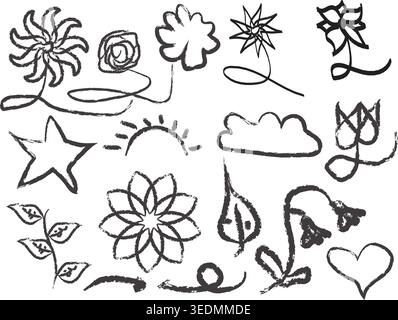 Collection of various hand-drawn nature and weather doodles on transparent background. Stock Vector