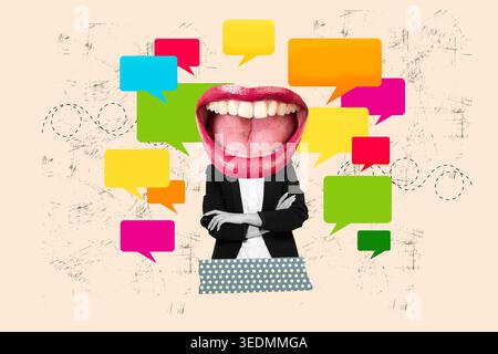 A woman with arms crossed and an open mouth in the head surrounded by colored speech bubbles on a background with scratches Stock Photo
