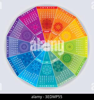 2027 Calendar with Mandalas in Rainbow Colors - 12 Months Wheel - Vector Design Stock Vector