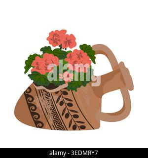 Geranium flowers Potted in the Broken amphora isolated on a white background. Vector illustration Stock Vector