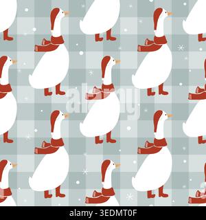 Seamless pattern with cute cartoon goose in red scarf, Santa Claus hat and boots. Merry Christmas gingham background. Vector illustration Stock Vector