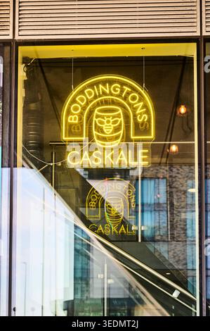 Boddingtons cask ale neon sign in bar window,UK Stock Photo