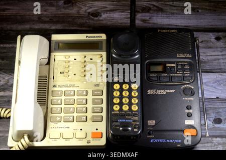 Cairo, Egypt, April 4 2026: a collection of vintage Panasonic corded and cordless landline telephones, old vintage retro old telephones Stock Photo