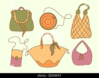 Summer bags collection. Retro style female beach accessories. Stock Vector