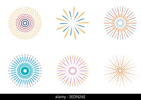 Bright radial sunburst and fireworks-style vector elements in pastel colors, ideal for celebration and party graphics, holiday designs, invitations, Stock Vector