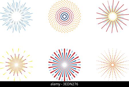 Bright colorful firework bursts and radial dotted explosions arranged in a six-icon grid, ideal for celebration, festive graphics, party invitations, Stock Vector