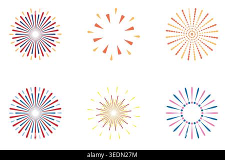 Colorful Abstract Fireworks Burst Set, Decorative Festival Celebration Starburst Shapes Collection Isolated on White Background. Stock Vector