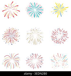 Bright, colorful fireworks bursts on white background conveying celebration, festivity and excitement. Versatile decorative set for party invitations, Stock Vector