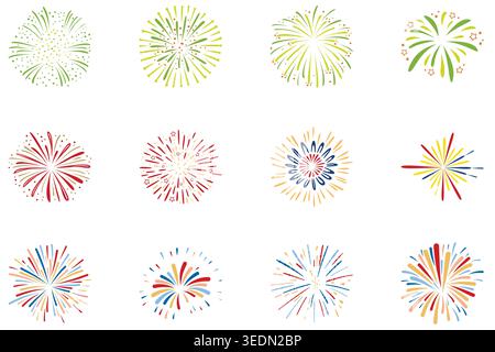 Colorful Fireworks Burst Set of Hand-Drawn Festive Firework Illustrations for Celebration and Events, Celebration Burst Collection for Party, Events Stock Vector