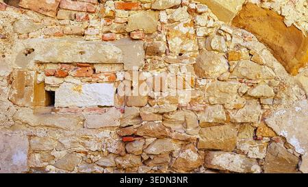 Old weathered wall combining irregular stones with ancient masonry, suitable for design and background use. Stock Photo
