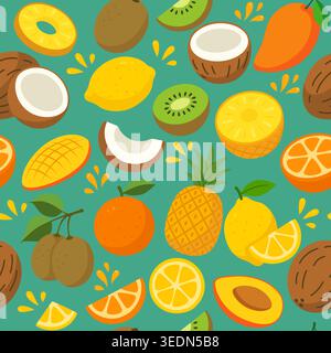 Summer fruit medley seamless pattern on green background Stock Vector