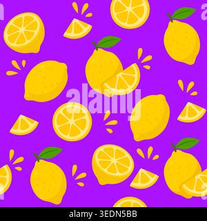 Seamless pattern with whole and sliced lemons on purple background Stock Vector