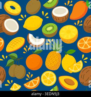 Tropical fruits seamless pattern on dark blue background Stock Vector