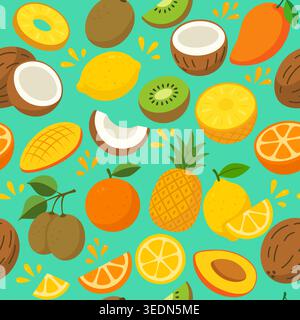 Bright fruit pattern with tropical mix on turquoise background Stock Vector