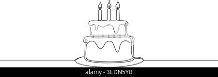 continuous line drawing of two-tier birthday cake with dripping frosting and burning candles, line art vector illustration Stock Vector