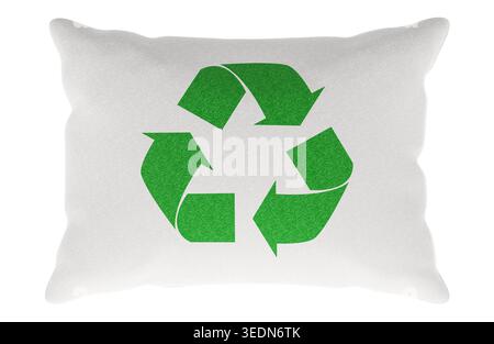 White pillow with green recycling symbol, 3d rendering isolated on white background Stock Photo