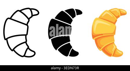 Set of three croissant bread icons in outline solid and color styles Vector Stock Vector
