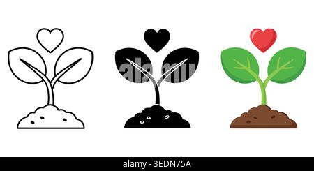 Set of love plant sprout icons with heart shape leaves in different styles Vector Stock Vector