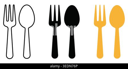 Set of fork and spoon icons in outline black and gold colors Vector Stock Vector
