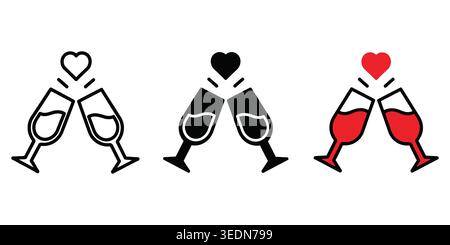 Three styles of champagne glasses clinking with a red heart icon Vector Stock Vector