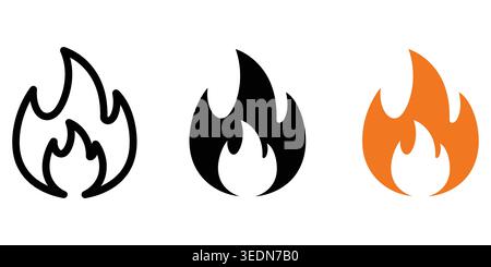Three different fire flame icons in black outline solid black and orange colors Vector Stock Vector