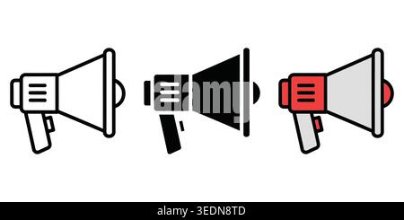 A collection of three megaphone icons displayed in different visual styles including outline, solid black, and colorful vector graphics for marketing Stock Vector