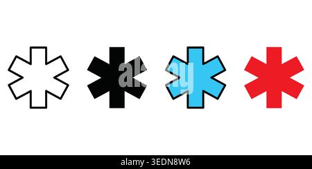 A collection of four star of life emergency medical symbols, featuring outline, black, blue, and red variations for healthcare, ambulance, and first a Stock Vector