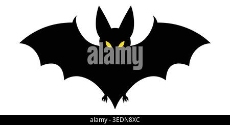 A simple black bat silhouette icon featuring sharp wings and glowing yellow eyes, perfect for Halloween party invitations, spooky decorations, and des Stock Vector