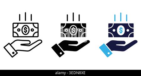 A set of three stylized hand icons holding a dollar bank note, perfect for financial services, banking, payments, and business design projects. Stock Vector