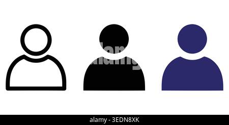 A collection of three minimalist user profile avatar icons, featuring line, solid black, and solid blue variations, perfect for web interface design a Stock Vector