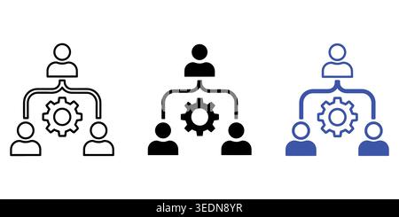 A set of three business organization structure icons featuring people and gear wheel symbols, representing management, hierarchy, and teamwork concept Stock Vector