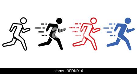 A vector set of four running person icons in different styles, representing speed, movement, fitness, and exercise, perfect for web design and apps. Stock Vector
