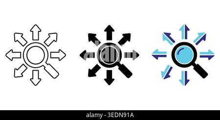 A set of magnifying glass icons featuring arrows pointing outward in various directions, representing search, exploration, discovery, and data analysi Stock Vector